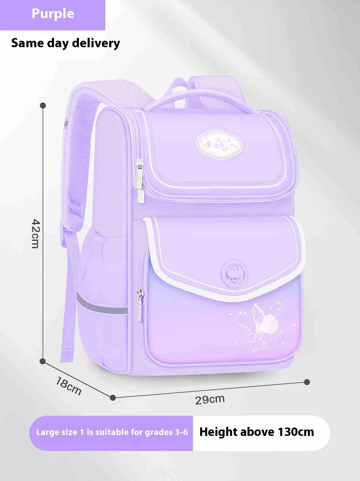 Girls' waterproof Oxford cloth schoolbag in pink, purple, or green colours for primary school years 3 to 6
