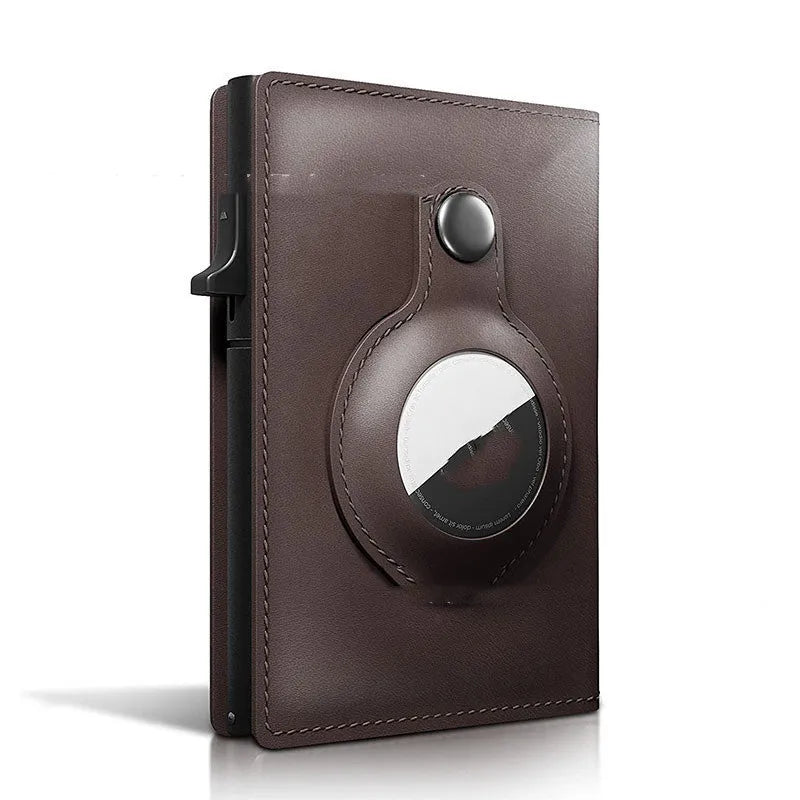 Genuine leather Crazy Horse card holder wallet with multiple card slots and air tag compartment in brown finish