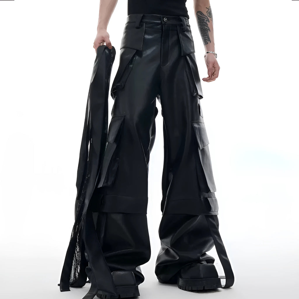 Black loose-fit men's cargo trousers with quilted panels, ribbon trim, and multiple pockets.