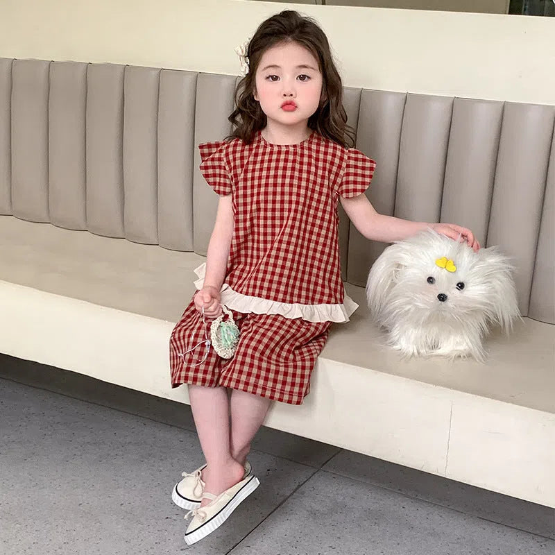 Girls' red plaid cotton two-piece set with shirt and pants, pullover style, for heights 90cm to 140cm