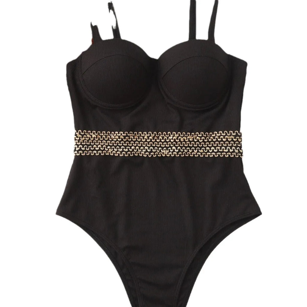 Black one-piece swimsuit with adjustable shoulder strap on a mannequin