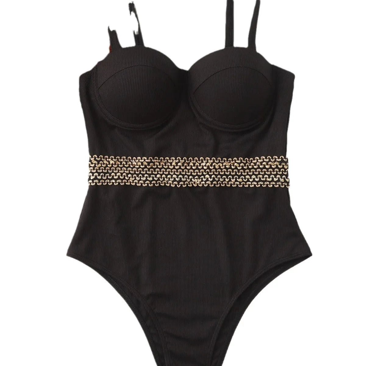 Black one-piece swimsuit with adjustable shoulder strap on a mannequin