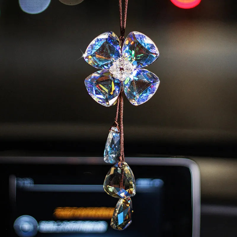 Crystal four leaf grass car pendant hanging, approximately 20cm long, in champagne colour option