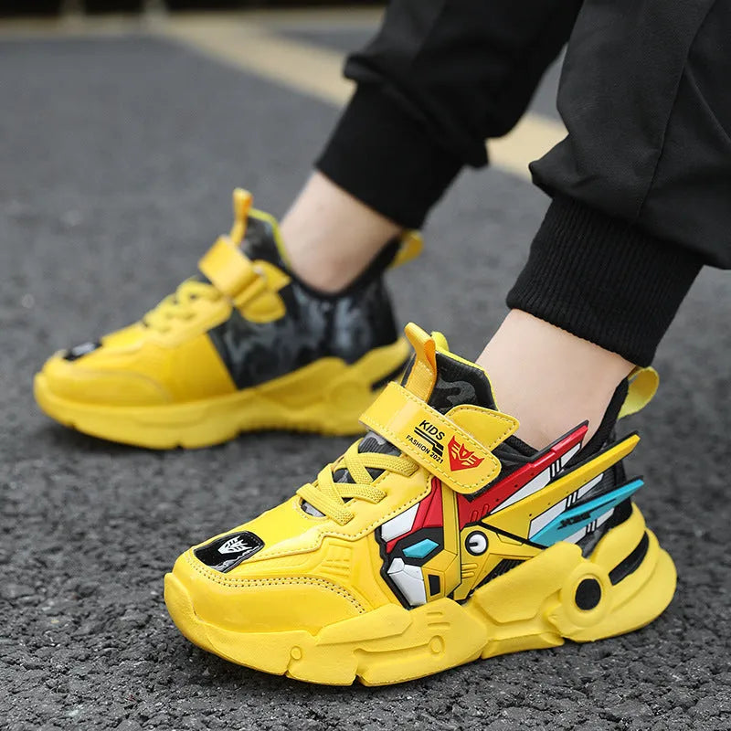 Children's leather surface running shoes with Velcro fastening in yellow, black red, or lake blue colours