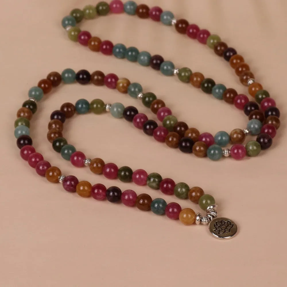 108 bead multi-layer bracelet with lotus hanging ornament in tourmaline colour