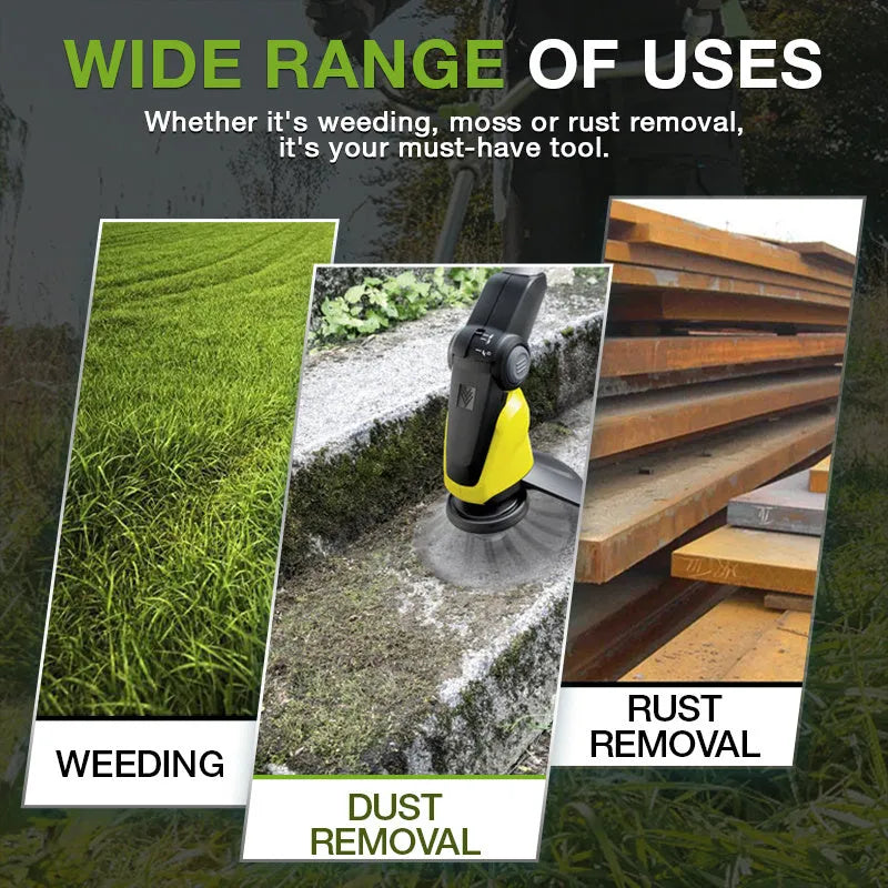 Stainless steel brush head accessory for a mower with a 150mm diameter, shown with anti-falling wire.