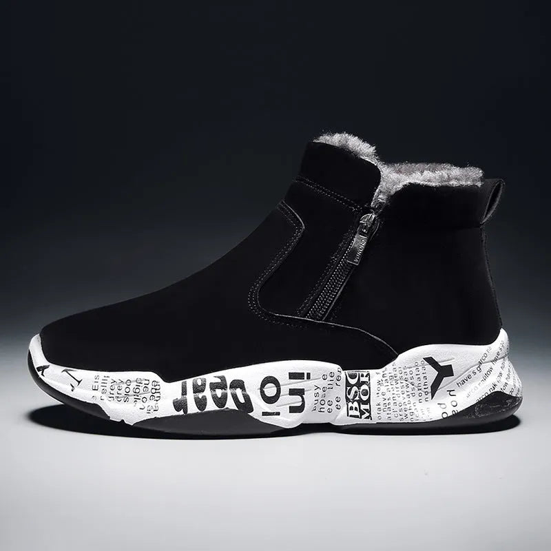 Men's high-top snow boots fleece-lined suede upper rubber sole non-slip winter sneakers black white
