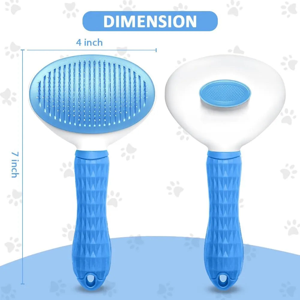 Blue cat grooming brush with a release button and fine wire bristles for removing pet hair.