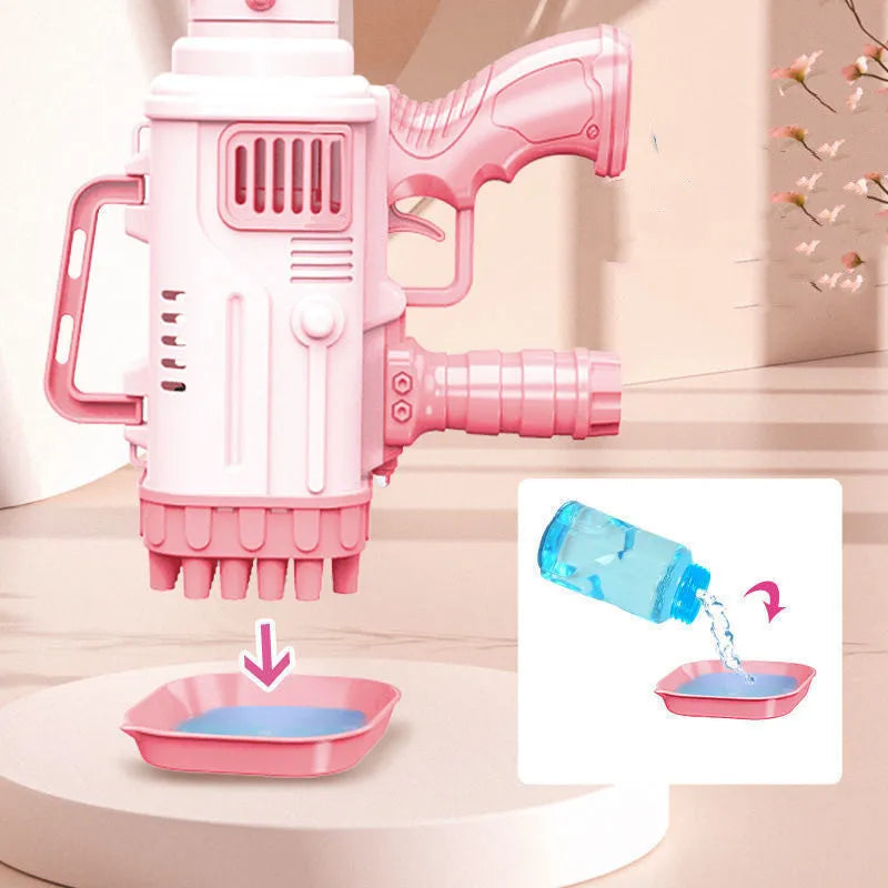 Children's electric bubble gatling gun toy with 32-hole barrel and LED lights in cherry pink colour.