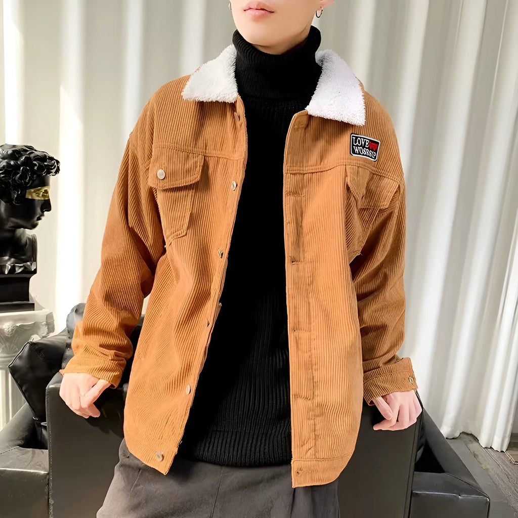 Men's corduroy workwear jacket in loose fit design showing front view