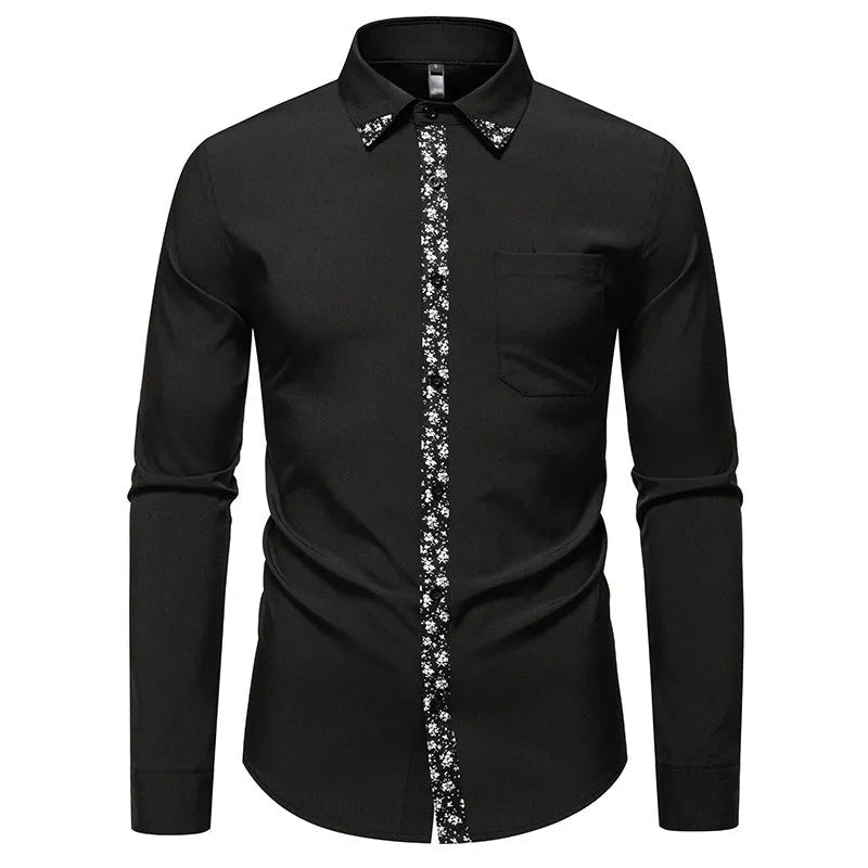 Men's black colour block long sleeve slim fit cardigan shirt in polyester