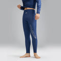 Men's dark blue patterned nylon swimwear set with top and shorts on size chart.