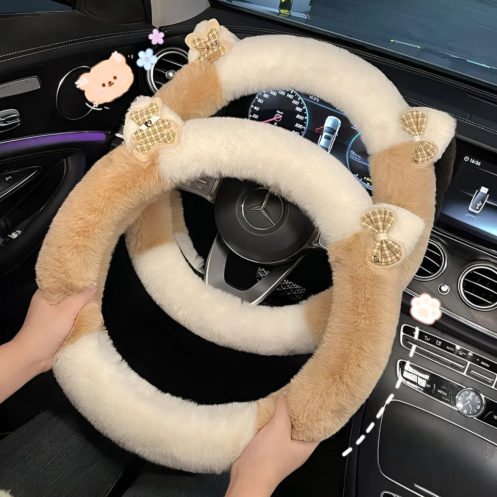 Milk tea white plush steering wheel cover with panda ears on a car steering wheel