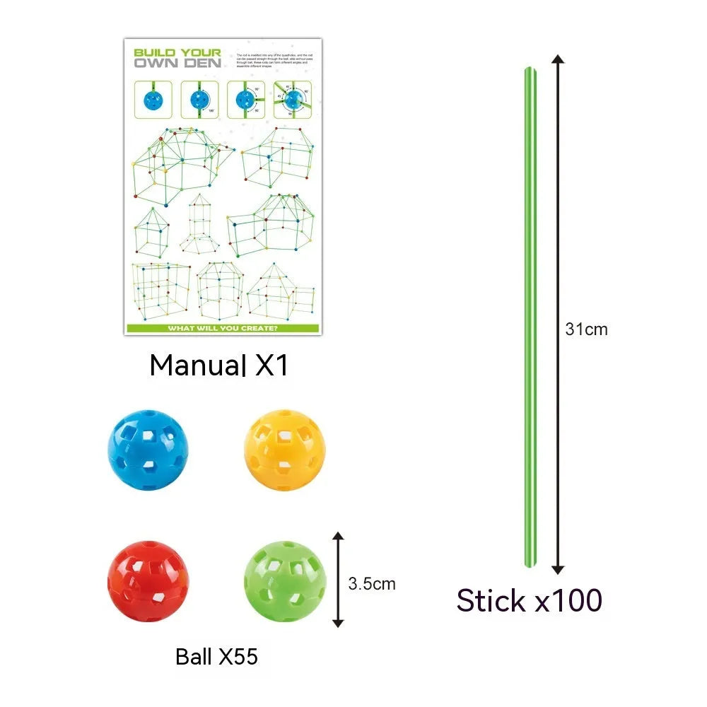 Luminous children's fort building kit with plastic sticks and connector balls for constructing castles and play tents
