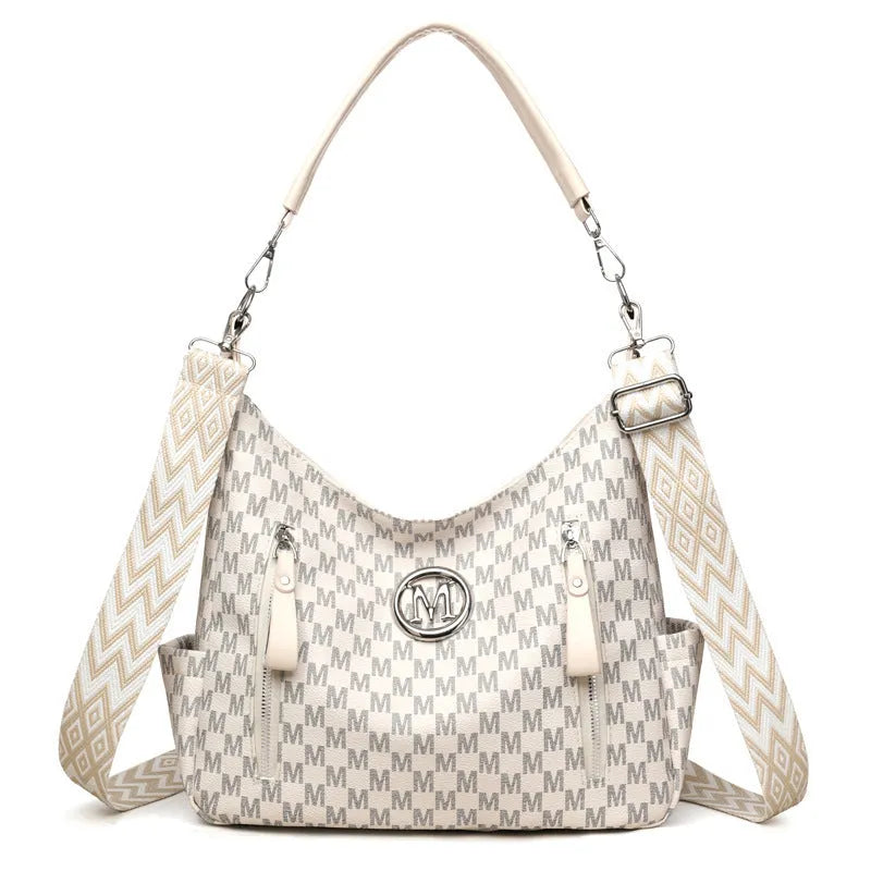 Retro simple printed PU leather messenger bag with double shoulder straps and an outer sandwich pocket.