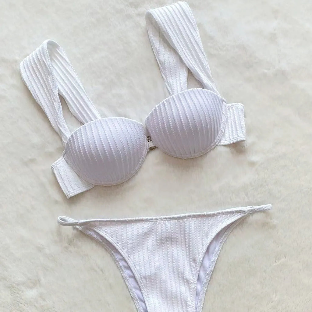 White push-up bikini swimsuit, two-piece nylon spandex, sizes S M L, solid colour, sleeveless