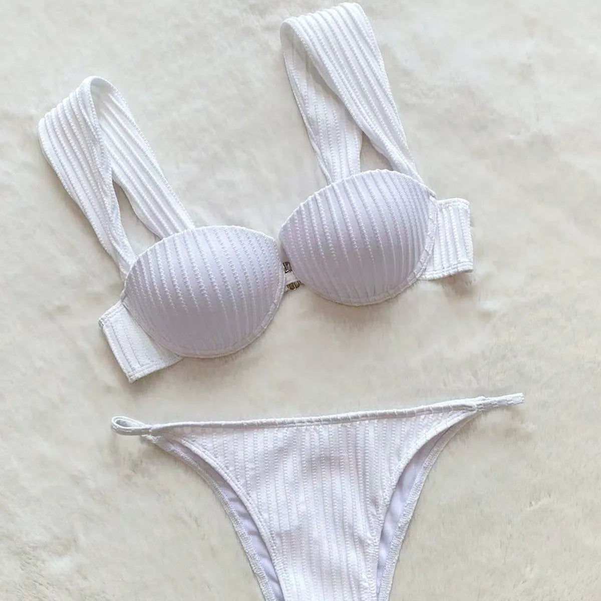 White push-up bikini swimsuit, two-piece nylon spandex, sizes S M L, solid colour, sleeveless
