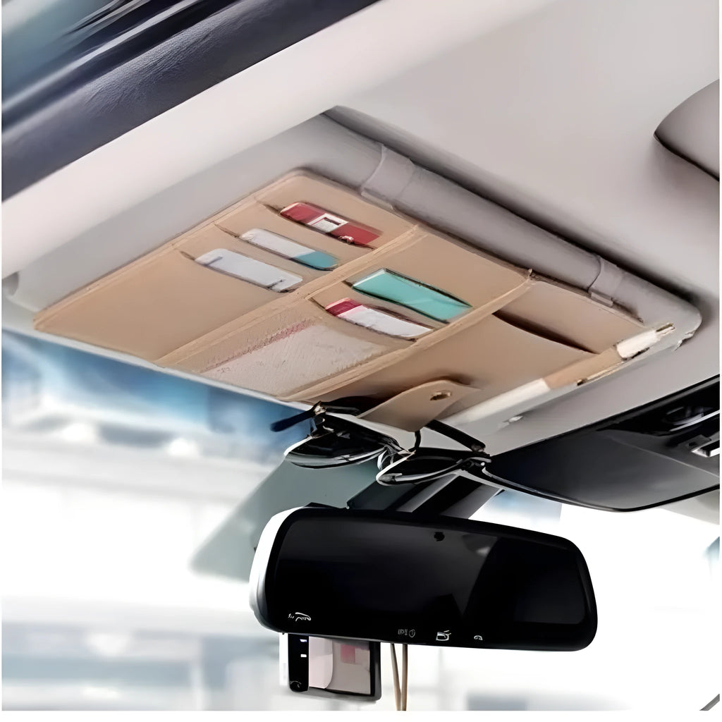 Car sun visor pocket organizer with acrylic plastic construction for storing cards and glasses