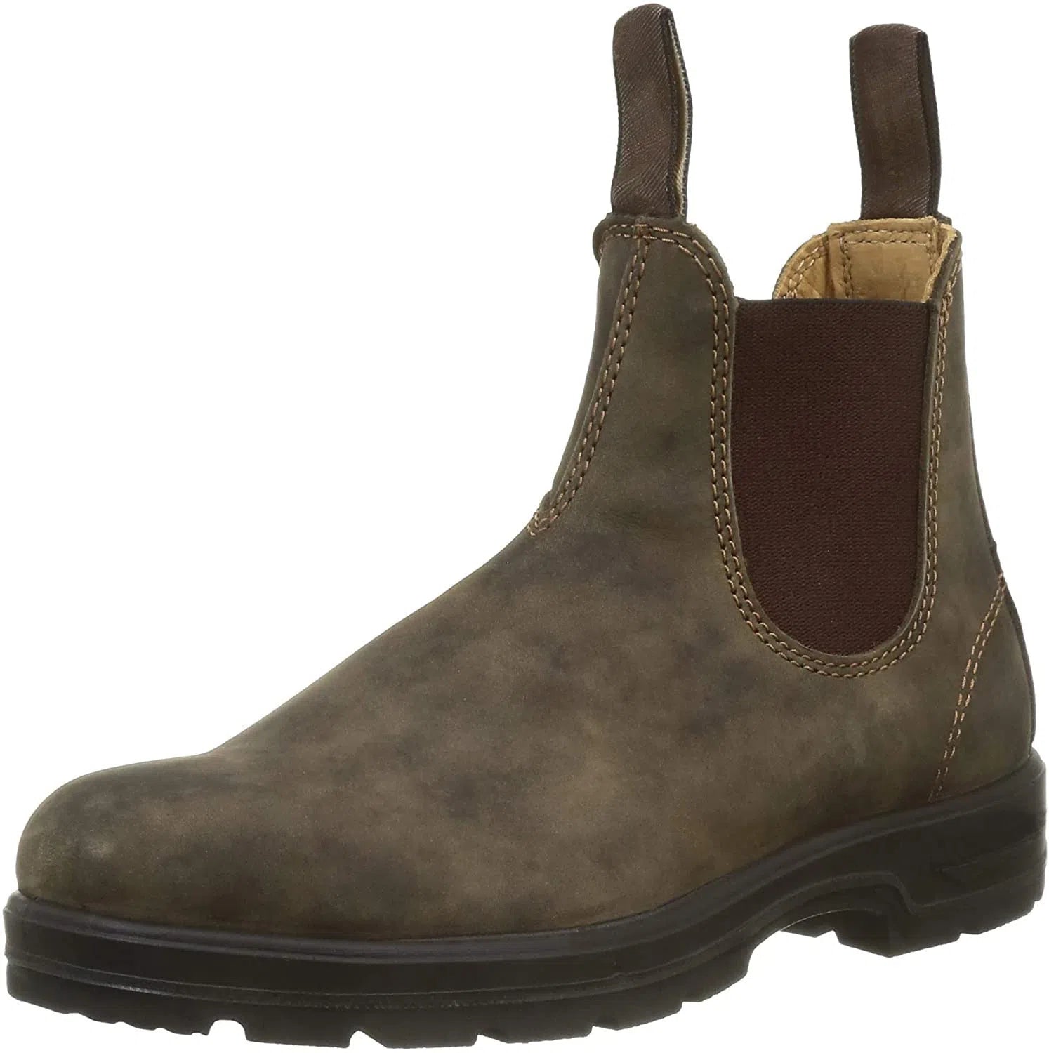 Chelsea boots in black with low wedge heel, round toe, and mid-calf shaft on a neutral background