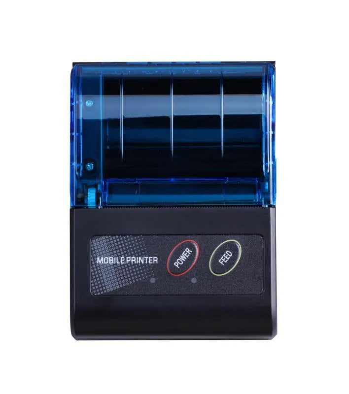 Blue plastic portable Bluetooth thermal printer for convenience store bill printing with UK EU US plug options