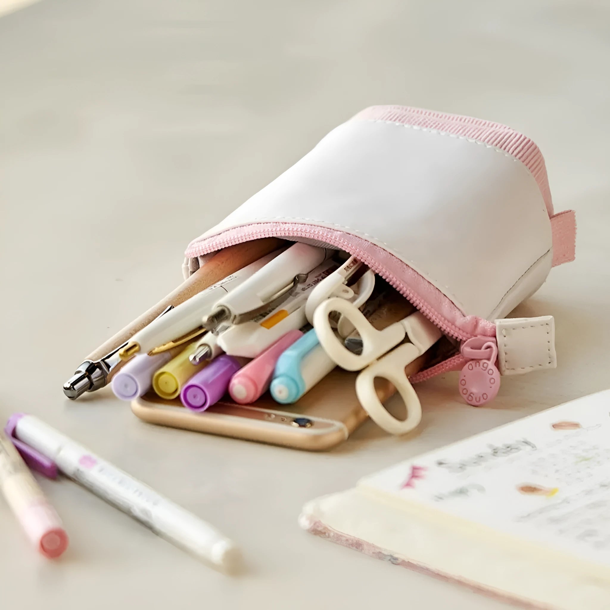 Korean style corduroy stationery case with a drop-down telescopic design in various colours.