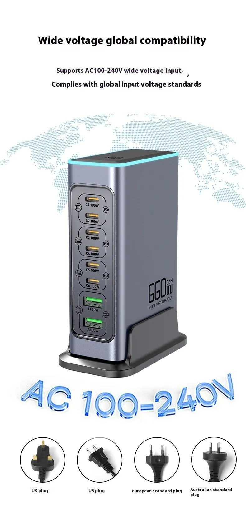 660W Gallium Nitride GaN desktop fast charger with multiple international plug options including US, EU, UK, AU.