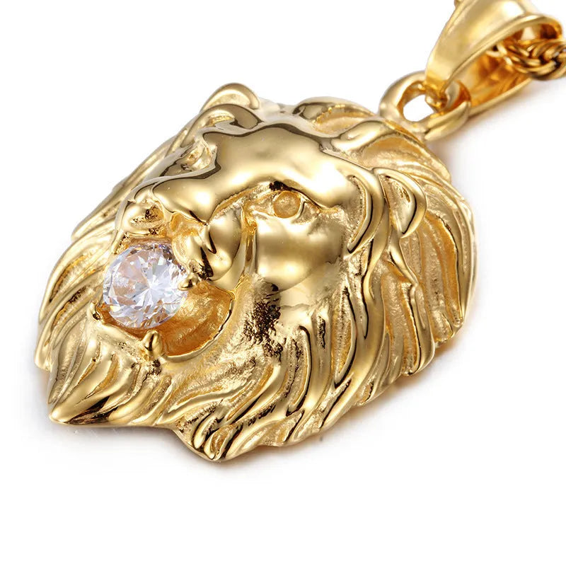 Gold alloy lion's head pendant necklace for men on display
