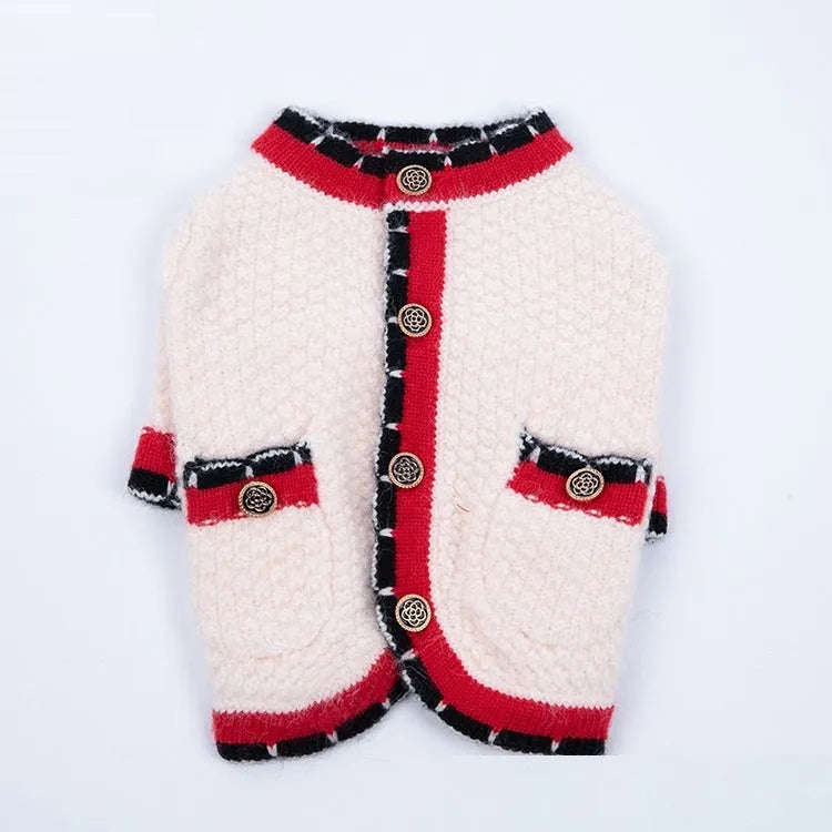 Blue knitted pet sweater cardigan with princess style design for dogs and cats