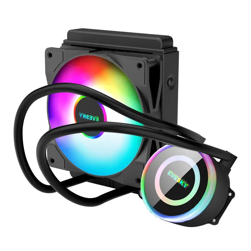 CPU radiator cooling fan with RGB lighting in 120mm, 240mm, and 360mm sizes