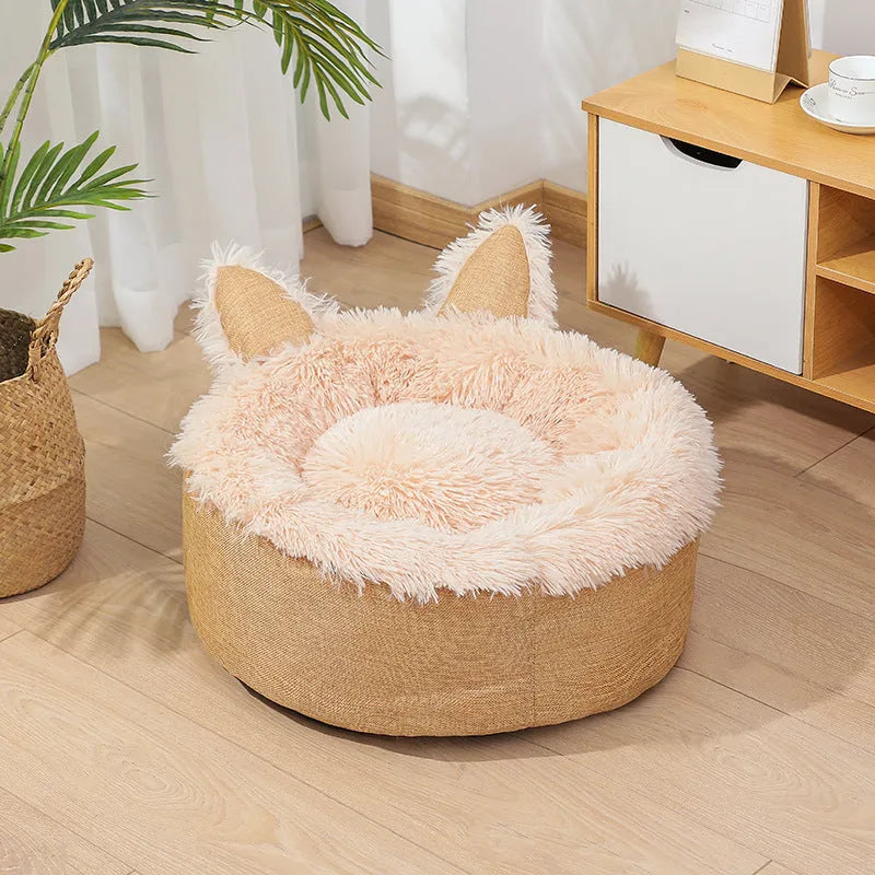 Soft faux fur plush cat bed in grey with fluffy interior – available in multiple sizes and colours for indoor use