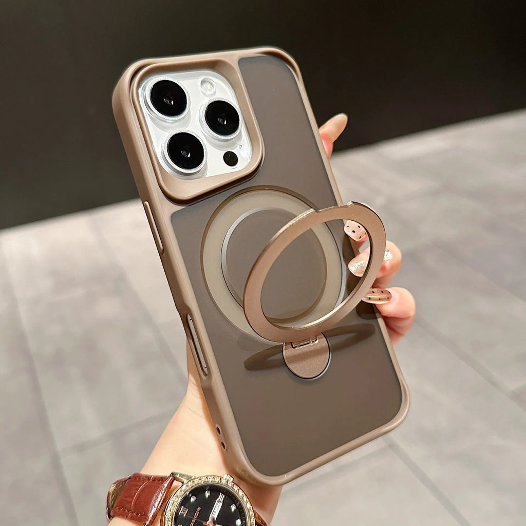 iPhone 16 Pro case with 360 rotating bracket and magnetic suction, frosted TPU PC, shown in purple colour option