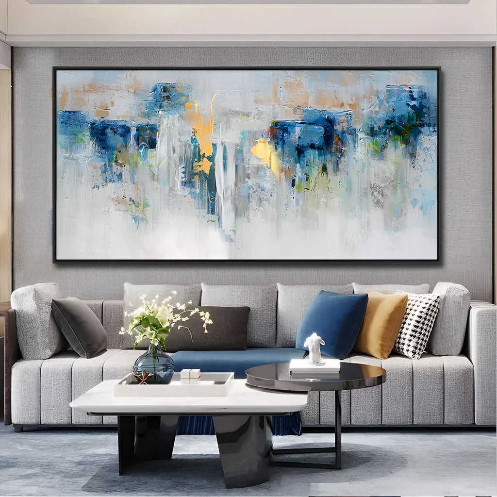 Handmade blue and gold abstract landscape oil painting on rolled unstretched canvas, one horizontal panel, unframed
