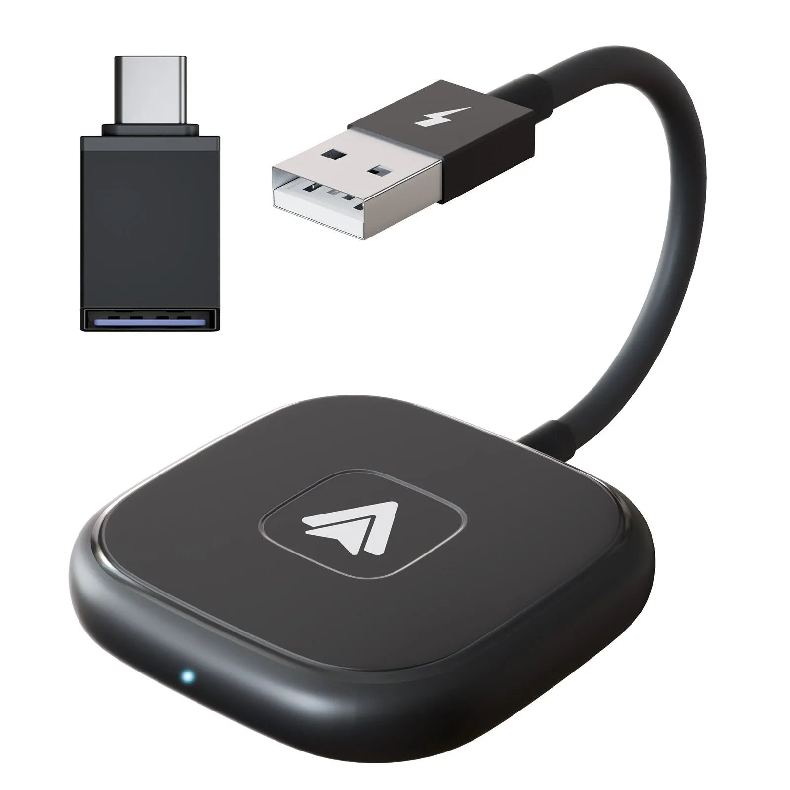 Car wired to wireless Android adapter in black and white colour variants for connecting phones to factory CARPLAY systems.