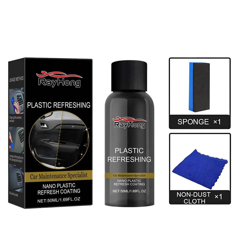 Nano Plastic Refresh Coating kit showing bottle, application sponge, and buffing towel for car interior restoration