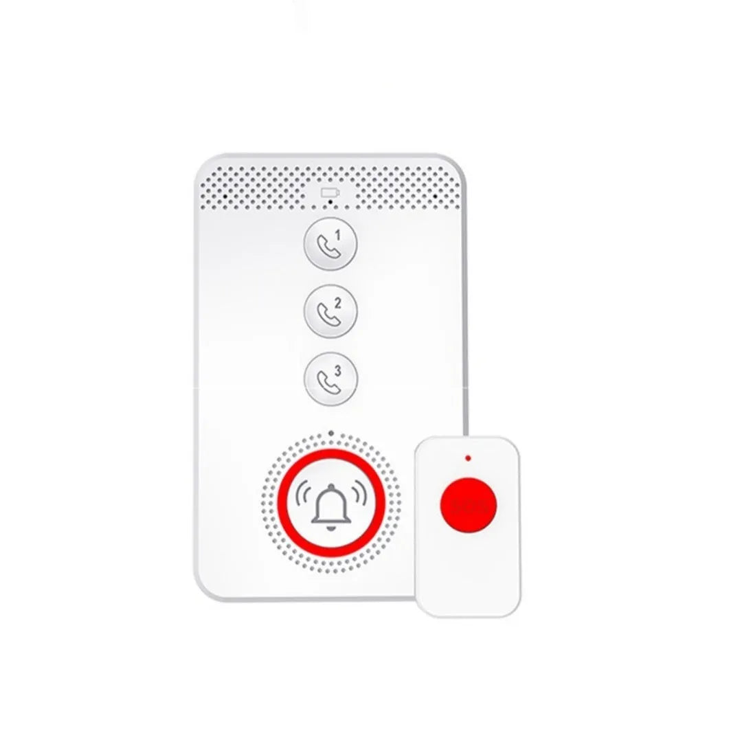 White central buzzer unit and three white emergency call buttons for a one-click elderly alert system.