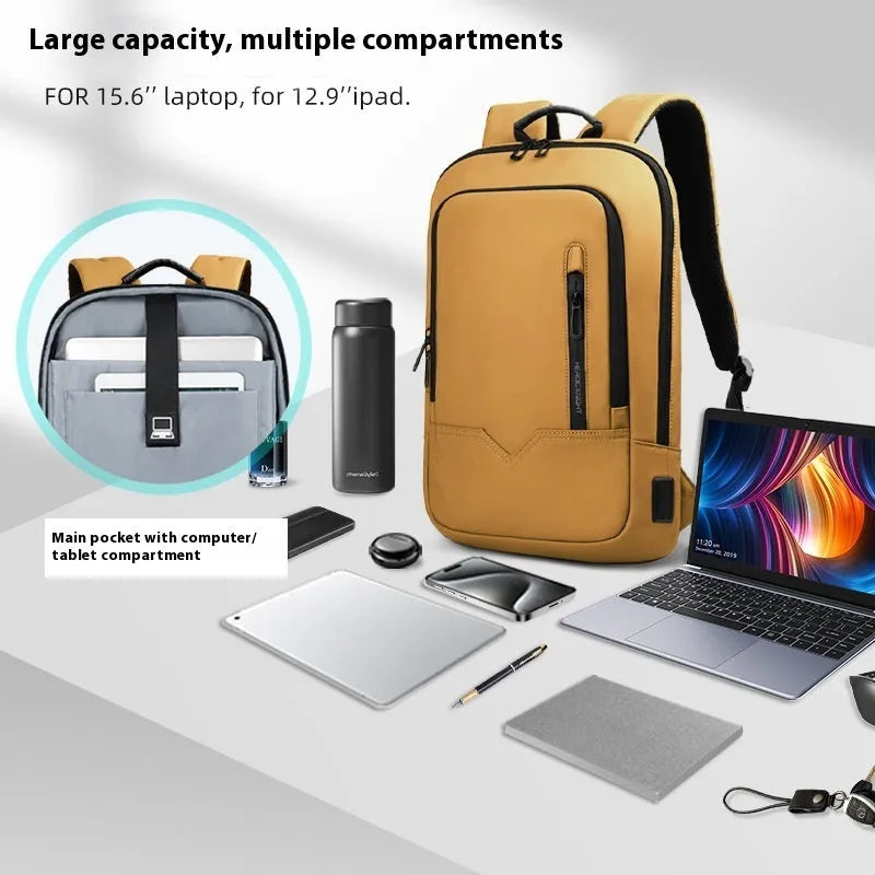 Lightweight solid-colour polyester laptop backpack showing external USB charging port.