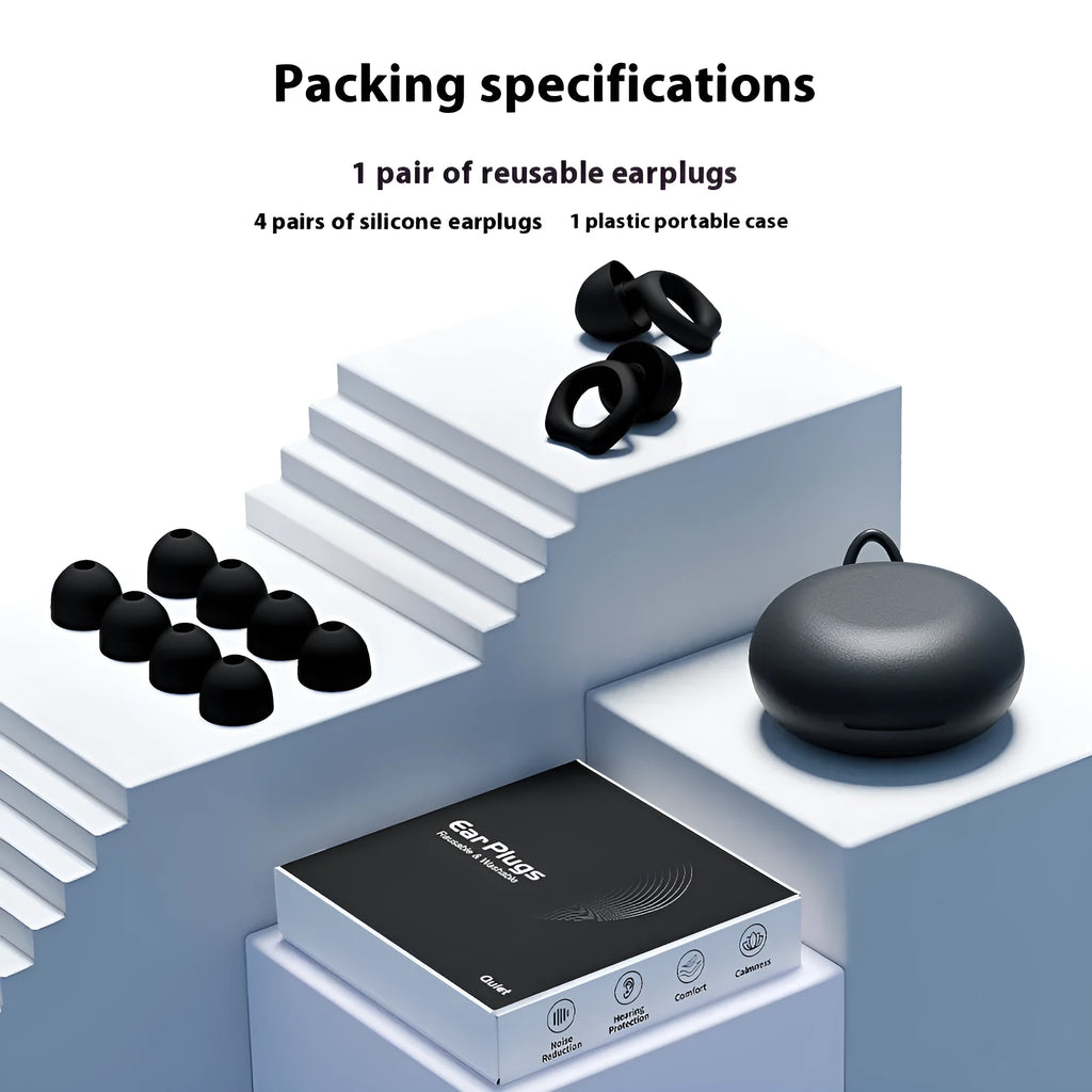 A pair of reusable silicone soundproof earplugs in various colours on OPP packaging.