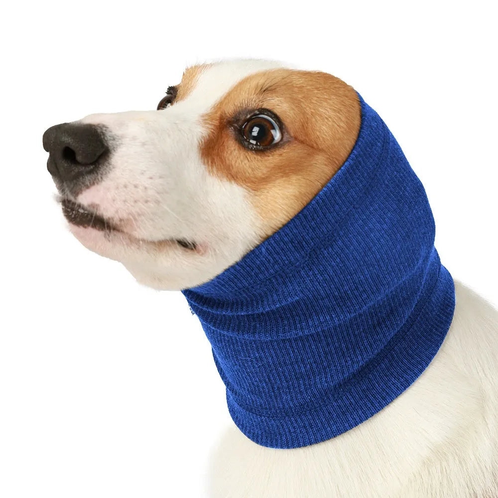 Blue or grey polyester dog headband scarf shown in small, medium, and large sizes.