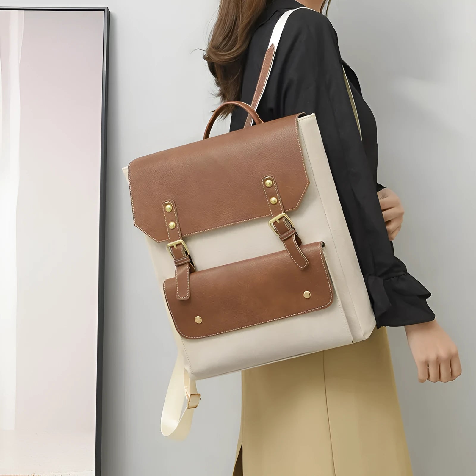 Korean style retro simple backpack in soft PU leather available in four neutral colours