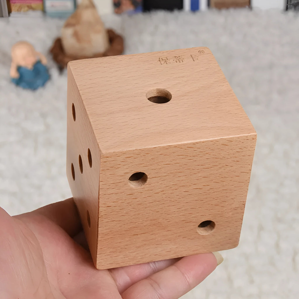 Dice maze wooden educational toy, 8.2cm cube ball labyrinth on white background