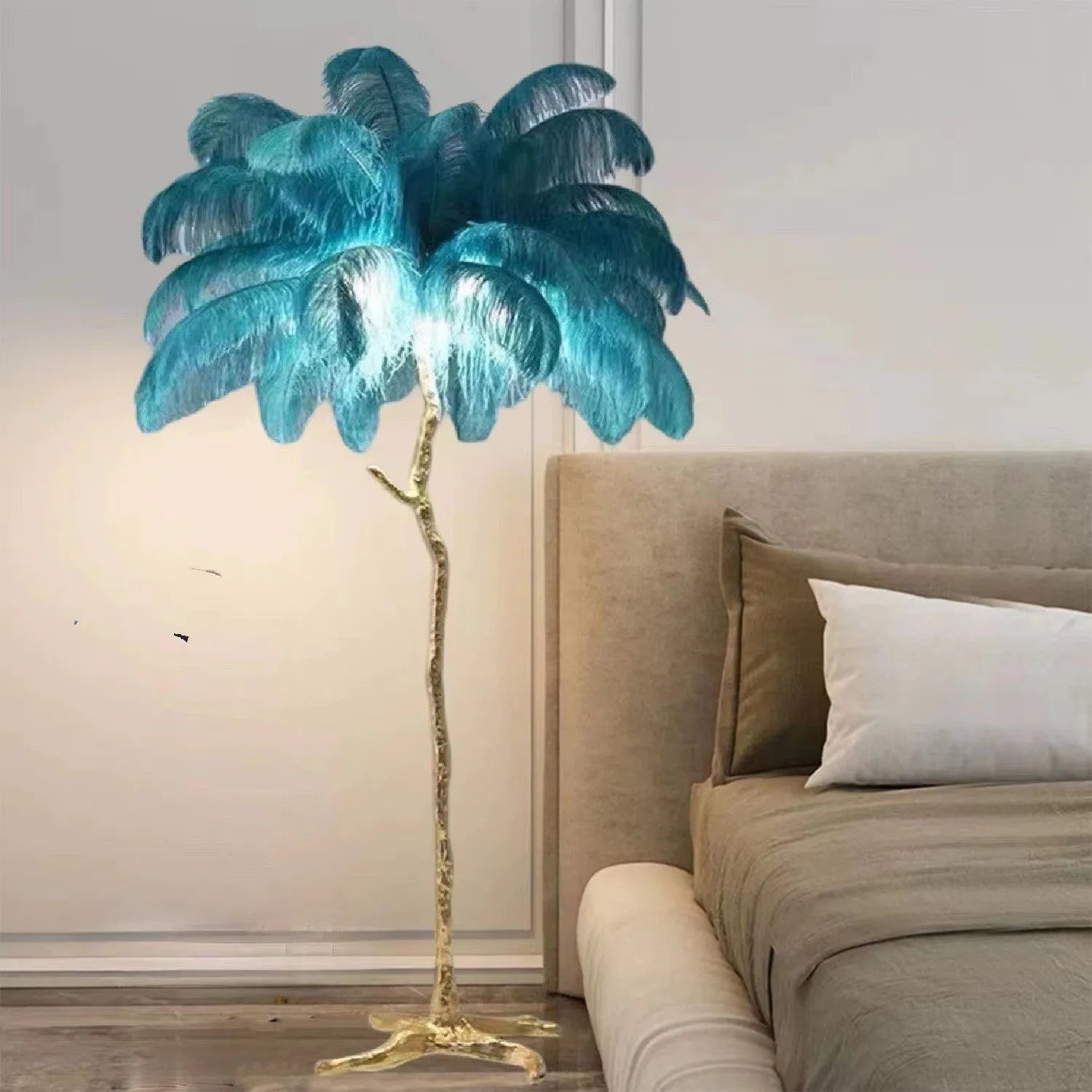 Decorative resin feather floor lamp with 32 feather elements in living room setting