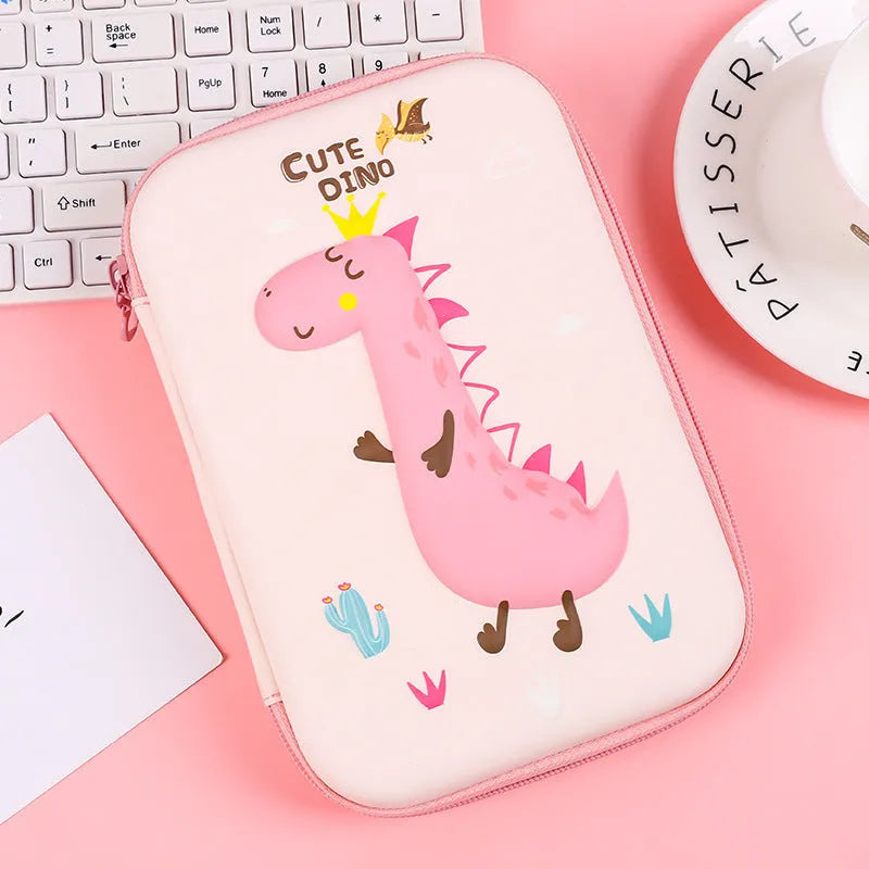 Canvas square pencil case with large capacity, showing cartoon anime print options of rabbit, dinosaur, and moon cat.