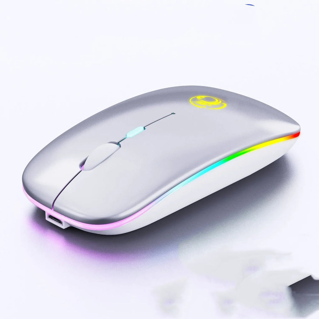Black and white silent wireless Bluetooth mouse with luminous charging scroll wheel on a desk.