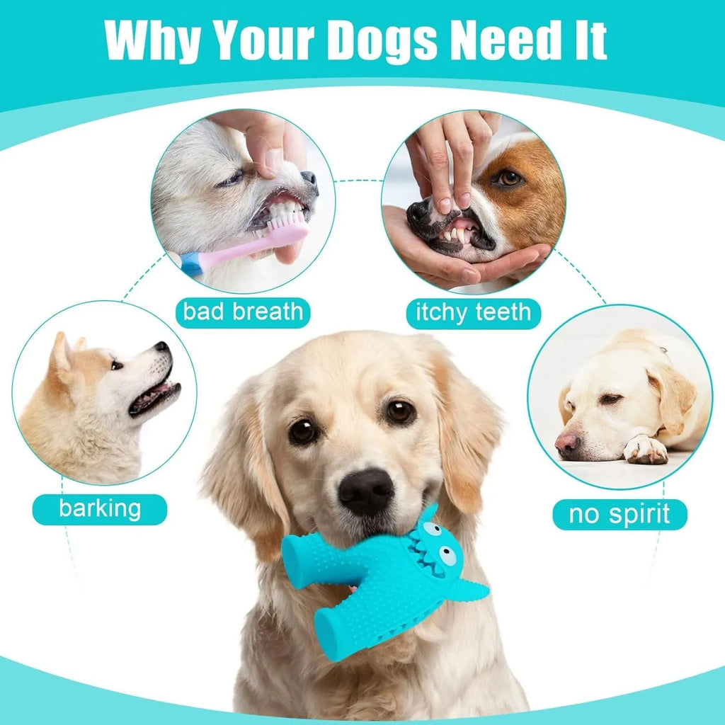 Monster-shaped squeaky dog toy made of natural rubber with tooth slot for cleaning teeth during chew play for small dogs