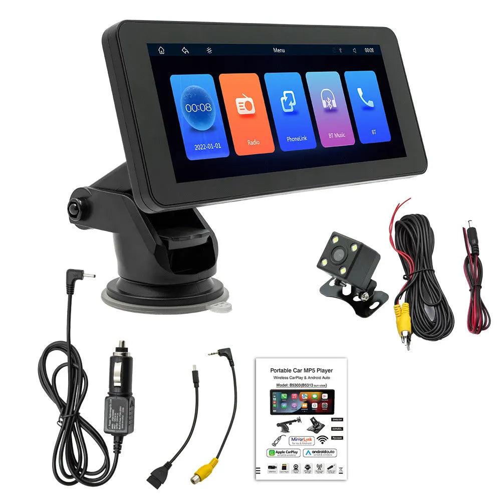 Portable wireless 6.86-inch car video player with IPS screen showing camera display