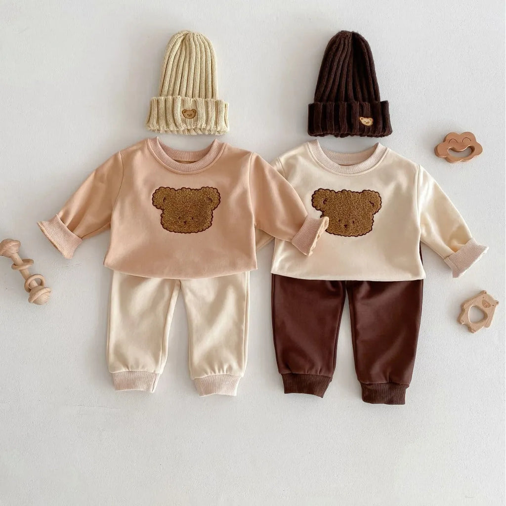 Bear long-sleeved sweater split two-piece suit in khaki with animal pattern for toddlers