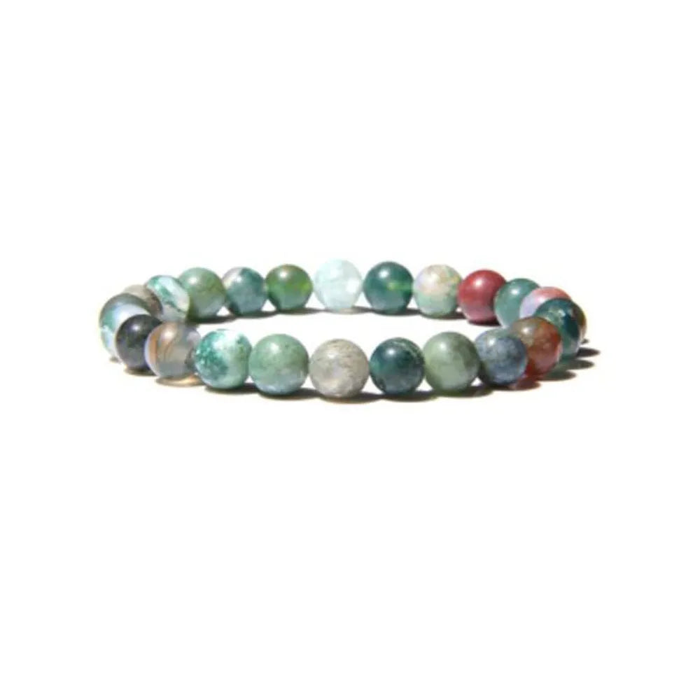 Handmade 8mm natural stone bead bracelet in geometric shape on a wrist, showing agate and gemstone colour options.