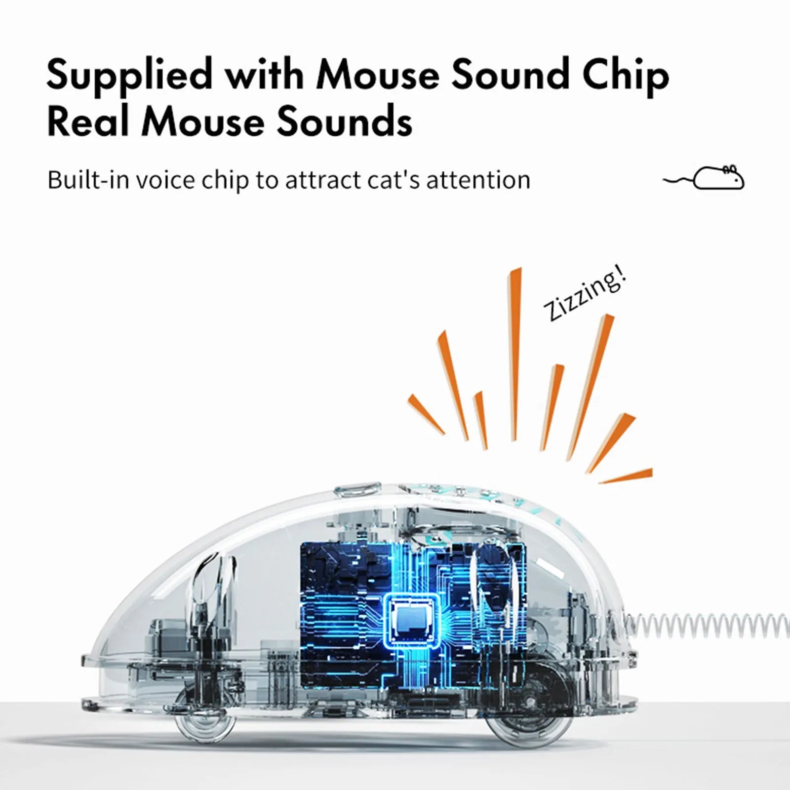 Blue electronic moving mouse cat toy with feather attachment showing 18cm size