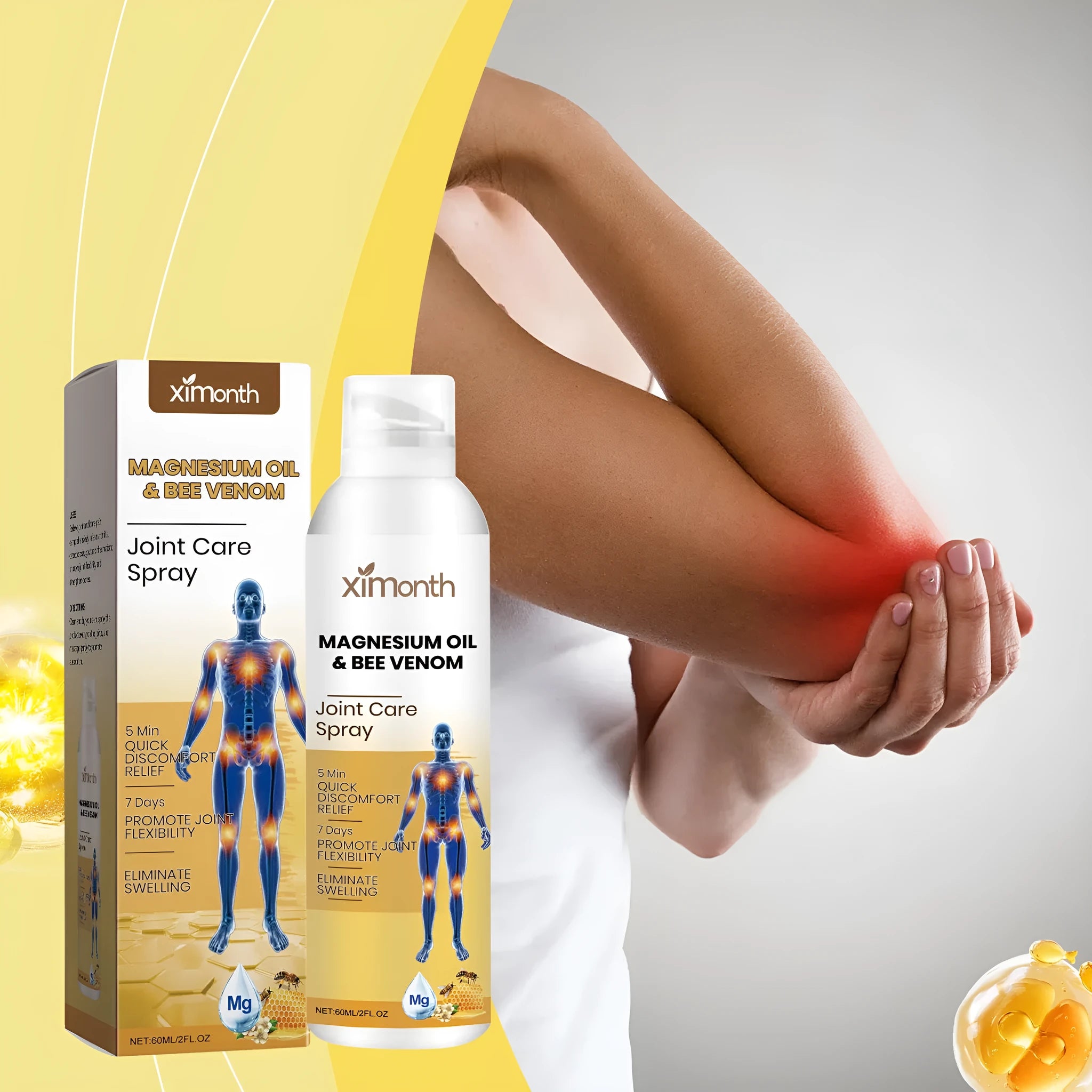 60 ml bottle of joint care spray with menthol and coconut oil formula.
