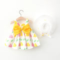 Baby girl cotton floral print bow suspender dress in yellow with matching hat